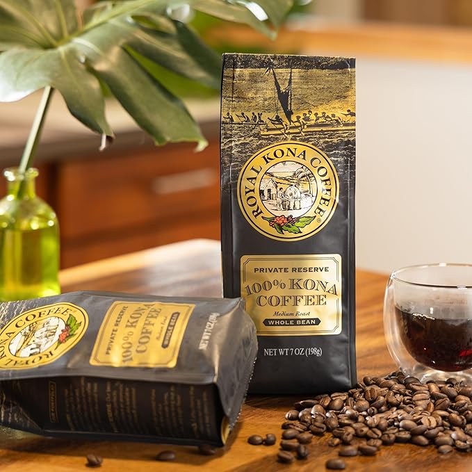 ROYAL KONA COFFEE Whole Bean - 100% Hawaiian Kona Coffee, Private Reserve, Medium Roast, (Pack of 2)