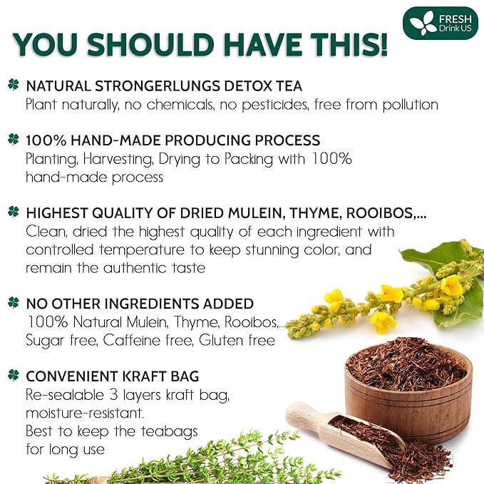 FreshDrinkUS, StrongerLungs 40 Tea Bags - Mullein Leaf, Ginseng, Elderberry, Ginger & Thyme