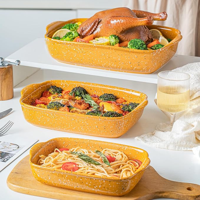 Ceramic Baking Dish Set of 3, Casserole for Oven,Rectangular Bakeware Dishes with Handles,Lasagna