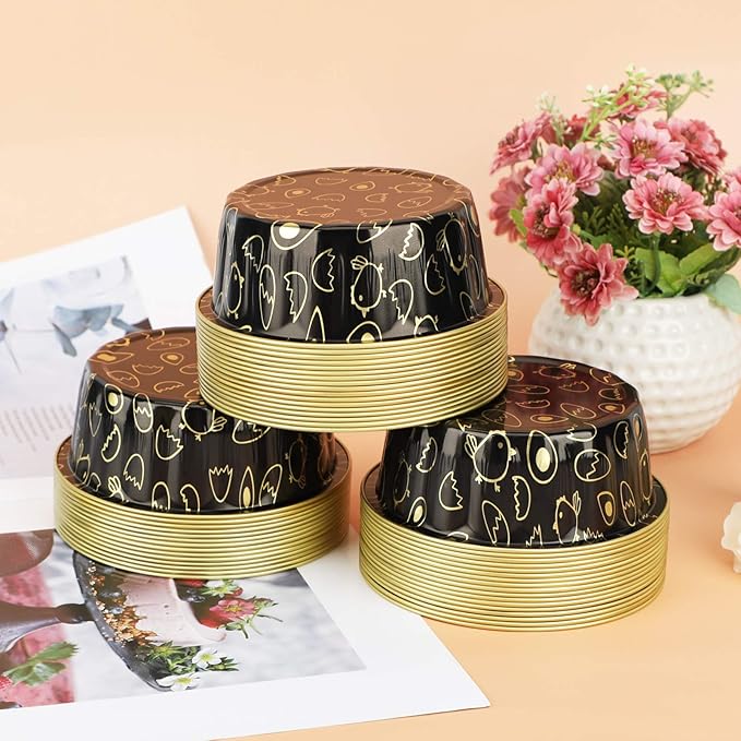 Beasea Disposable Ramekins 8oz, 100 Pack Foil Cups with Lids Cupcake Cups Black Gold Aluminum Foil