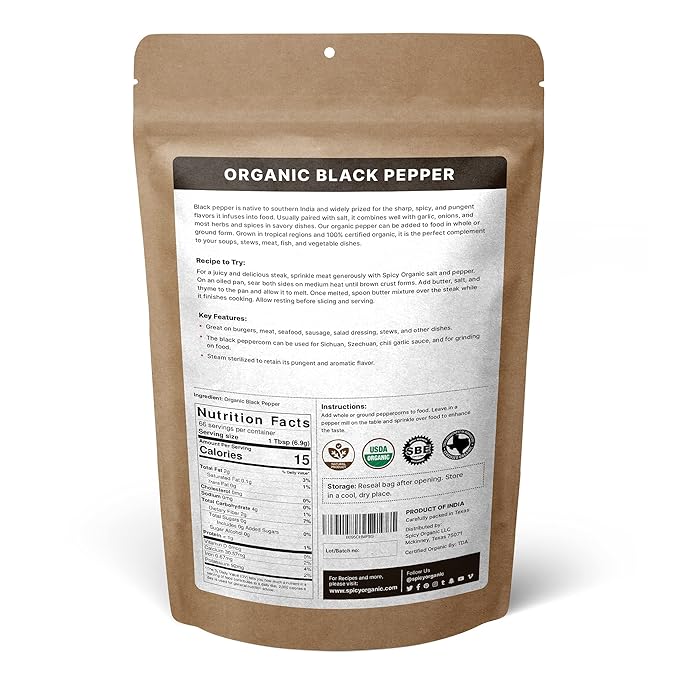 SPICY ORGANIC Black Peppercorns ??16 oz - Whole, Fresh, and Spicy Black Pepper for Grinder Refill