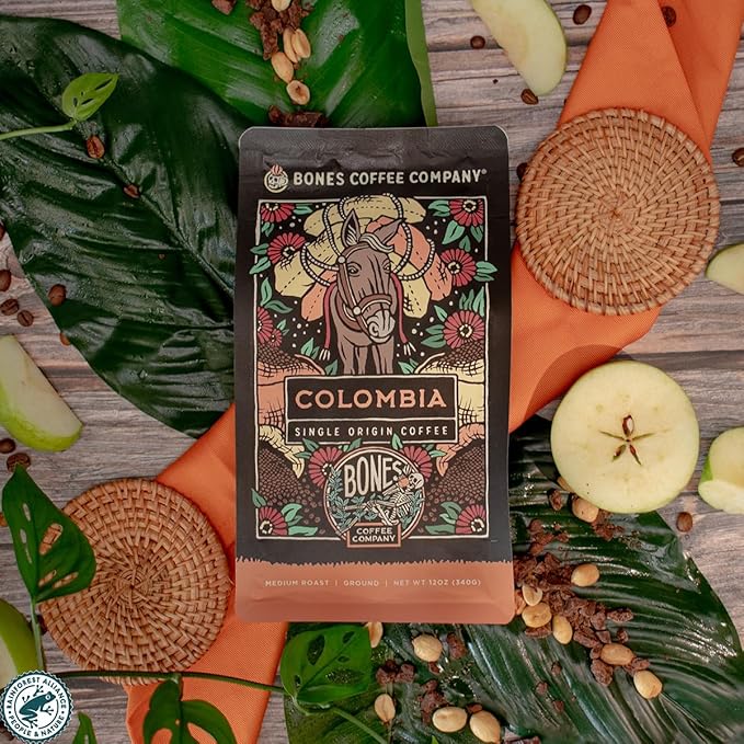 Bones Coffee Company Colombia Single-Origin Coffee, Almonds, Dried Fruit, Vanilla Notes, Flavored