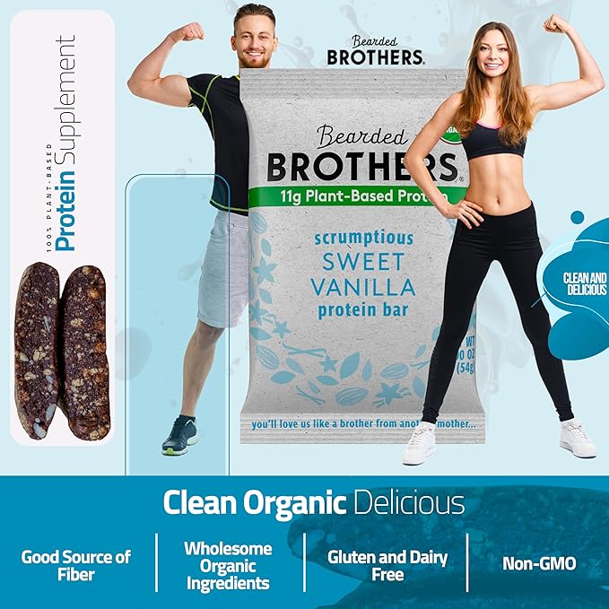 Bearded Brothers Organic Protein Bars, Vanilla (10 Pack) - 11g of Plant Based Protein Gluten Free
