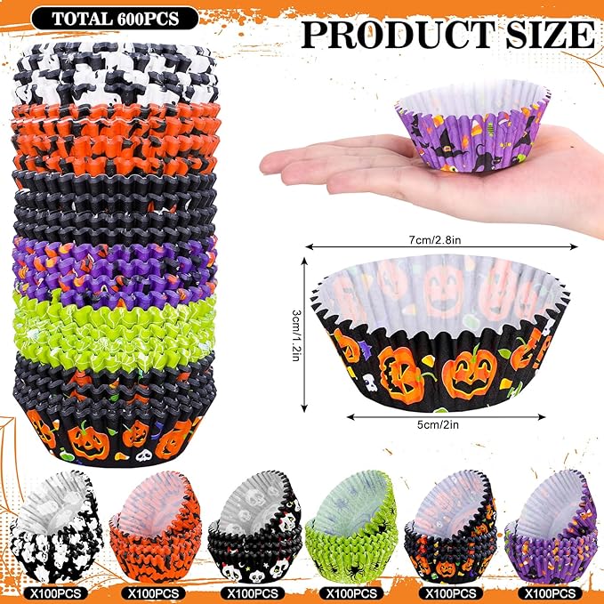 Whaline 600Pcs Halloween Cupcake Liners Pumpkin Witch Legs Bats Ghosts Spider Skulls Cupcake