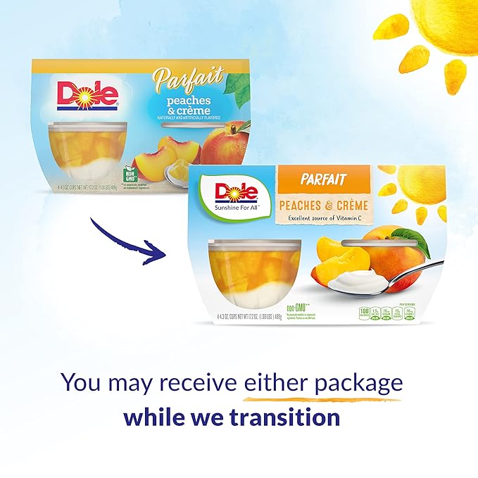 Dole Fruit Bowls Low Fat Peaches & Creme Parfait Snacks, 4.3oz 24 Total Cups, Gluten & Dairy Free