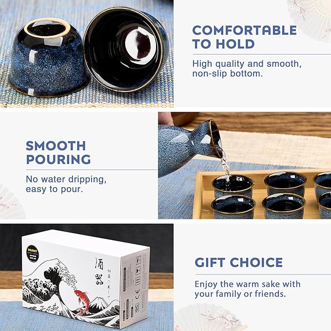 DUJUST 10 pcs Japanese Sake Set with Warmer for 6, Kiln Altered Glaze Porcelain Sake Set, 6 Sake