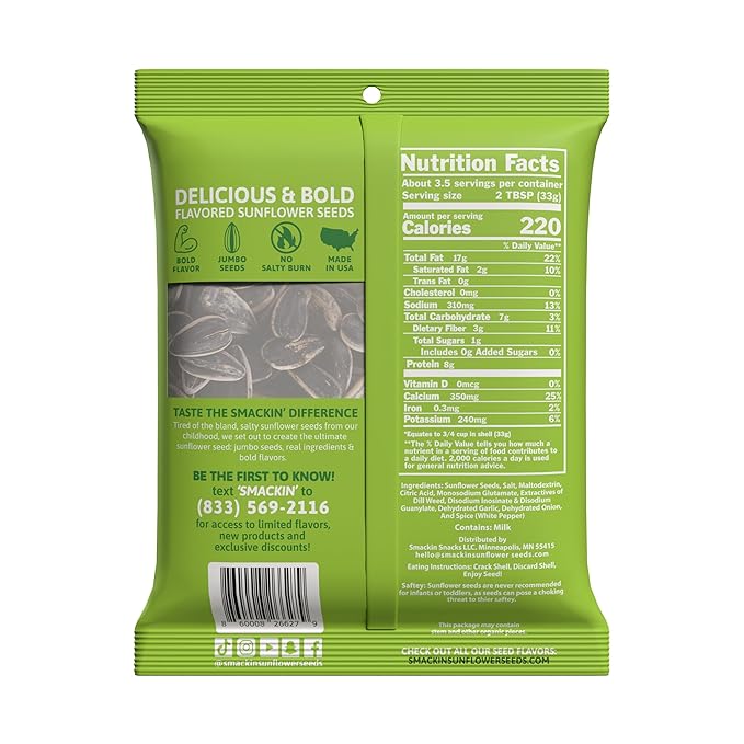 SMACKIN' - Jumbo Roasted Sunflower Seeds, No Salty Burn, American Made, Easy Pour & Seal - Dill