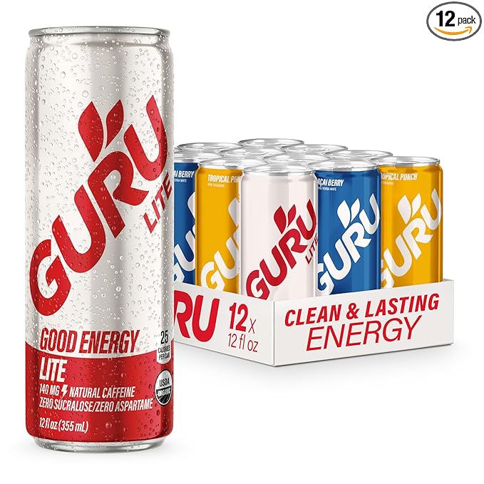 GURU Organic Energy Drinks Variety Pack, Clean Energy Drink with Plant Based Natural Caffeine from