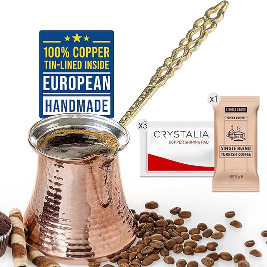 Volarium Turkish Coffee Pot, Greek Arabic Coffee Maker, Hammered Copper Coffee Cezve, Stove Top
