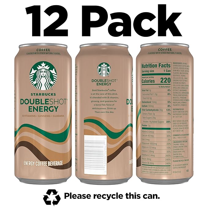 Starbucks RTD Energy Drink, Doubleshot Energy Drink, Coffee, Guarana, Vitamin B, Ginseng, 15 Oz