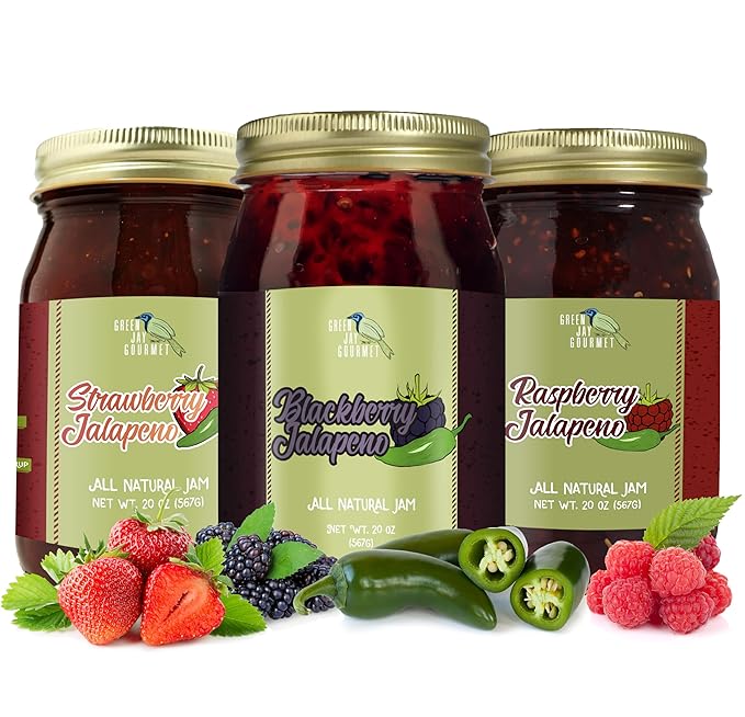 Green Jay Gourmet Spicy Jam Variety Pack - All-Natural Raspberry Jalapeno Jam, Strawberry Jalapeno