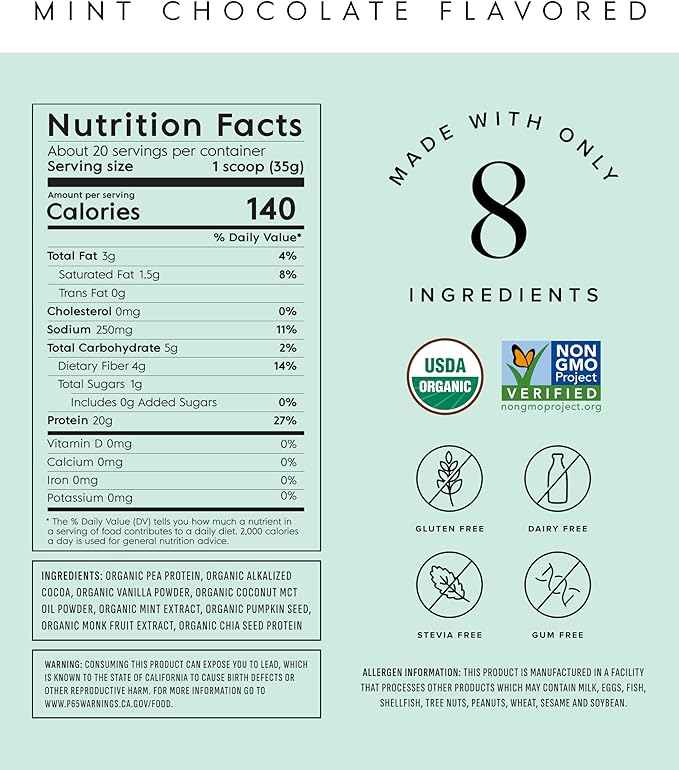 Truvani Vegan Pea Protein Powder | Mint Chocolate | 20g Organic Plant Based Protein | 20 Servings |