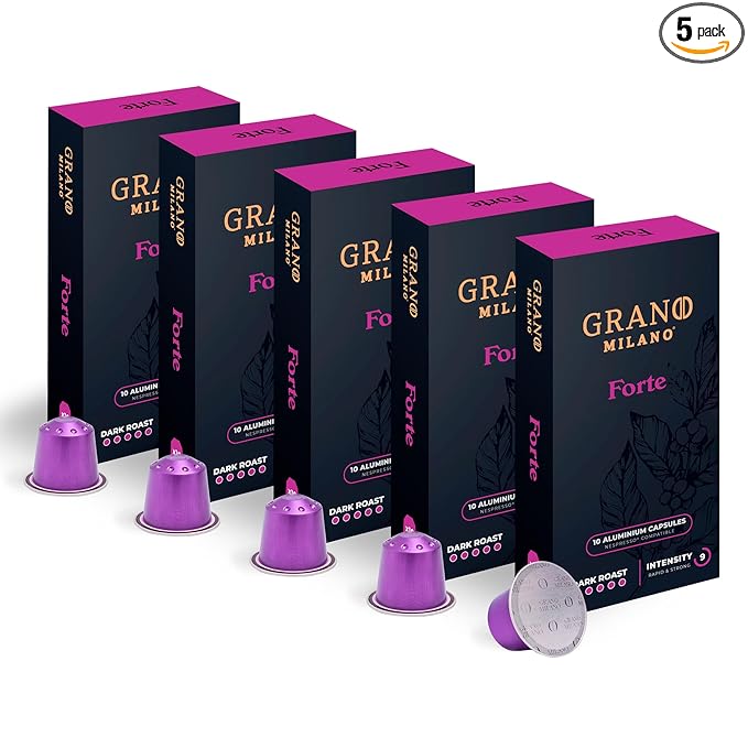 New Grano Milano Forte Coffee Capsules - 50 Aluminum Coffee Pods Compatible with Nespresso Original