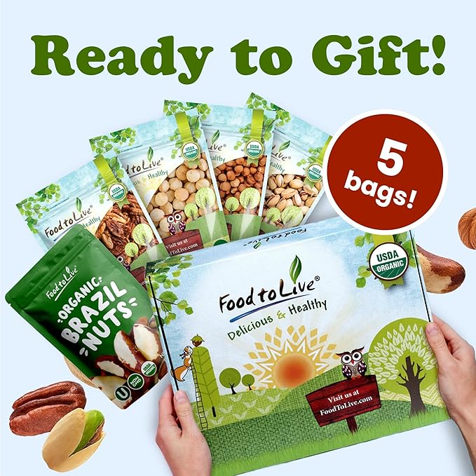 Food to Live - Organic Delicious Nuts in a Gift Box - A Variety Pack of Pecans, Hazelnuts, Brazil