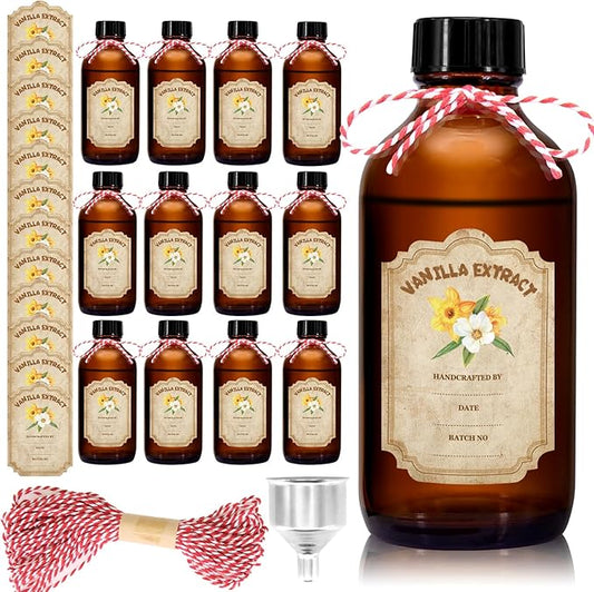 12 Pack 2 Ounce Amber Glass Bottle with Lids Vanilla Extract Homemade Brown Bottle 2 oz and 12Pcs