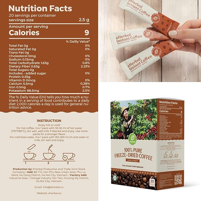eHerbal Vegan Calming Instant Coffee Powder, plant base freezed dried Cold Brew 20 Packs | Smooth &