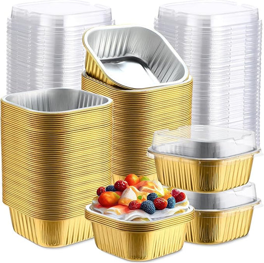 Aoriher 300 Pieces 10 oz Mini Cake Pans with Lids, Aluminum Foil Baking Cups, Square Disposable