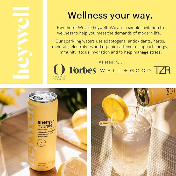 Heywell Sparkling Adaptogenic Water Energy and Focus, Lemon Fizz Flavor 12 Fluid Ounce (Pack of 12)