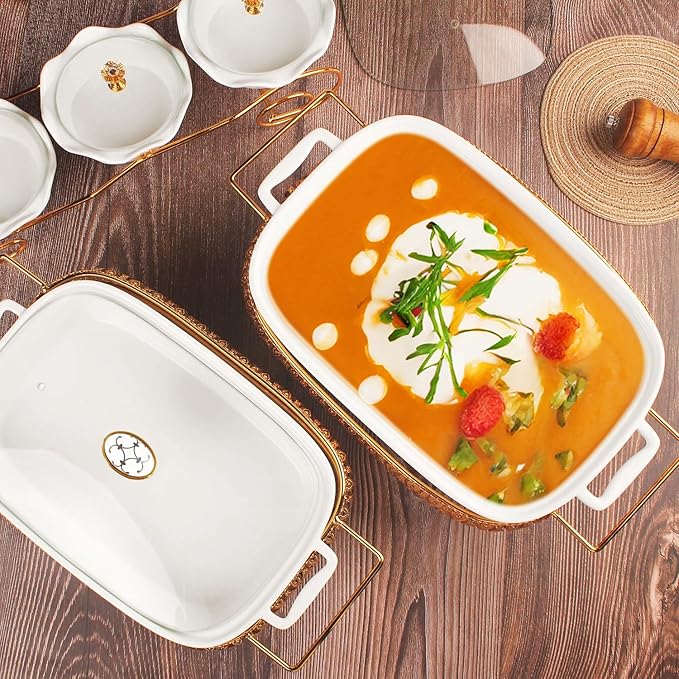 11" x 8" Ceramic Rectangular Casserole Dish with Glass Lid and rack, 1.6 Quart White Serving Soup