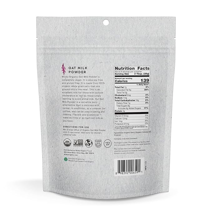 Wildly Organic Oat Milk Powder, 8 Oz Bag - Organic, Dairy-Free, Lactose-Free, Vegan, Gluten-Free