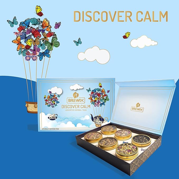 BREWIX, Discover Calm Premium Herbal Tea Christmas Gift Box (3.53oz/50+ Cups) | Tea Gift Sets For