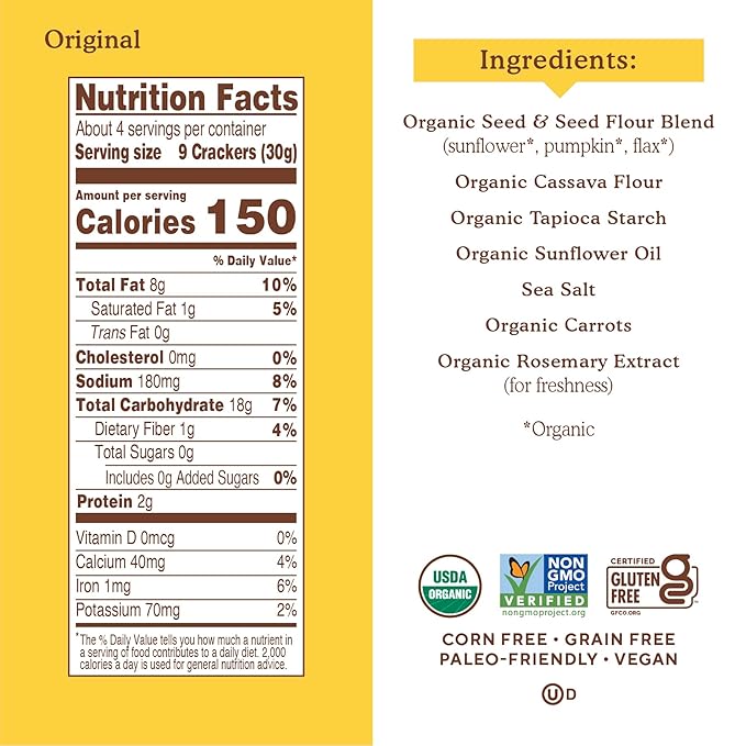 Simple Mills Organic Seed Crackers, Original - Gluten Free, Vegan, Healthy Snacks, Paleo Friendly