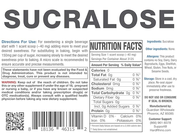 HR Supplements Sucralose Powder | 125 Grams | Zero Calorie Sweetener & Keto Sugar Substitute | Hard