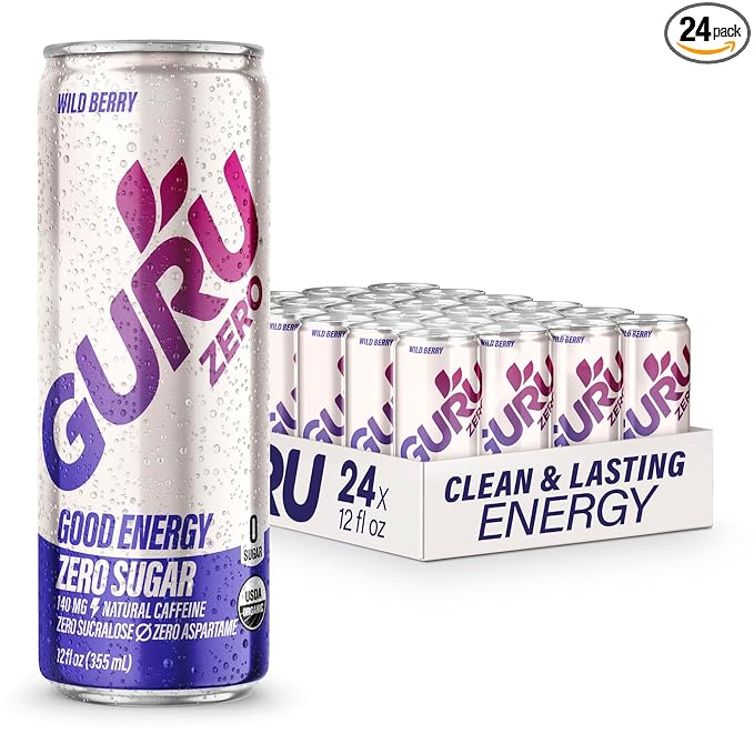 GURU ZERO SUGAR Wild Berry Organic Energy Drink with Plant Based Natural Caffeine from Green Tea