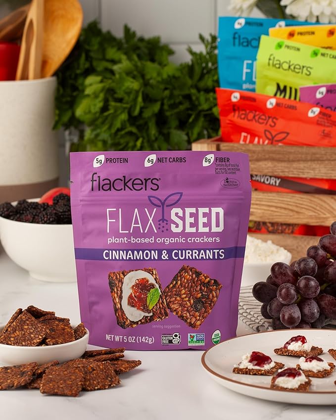Flackers Organic Flax Seed Crackers Cinnamon & Currants, 5 Ounce 4-Pack, Gluten Free, Non GMO