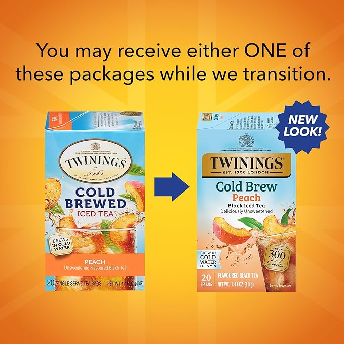 Twinings Peach Cold Brew Iced Tea Bags, 20 Count (Pack of 1), Unsweetened Flavoured Black Tea
