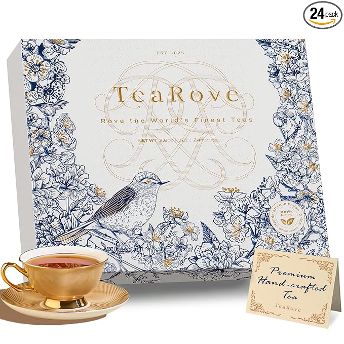 TeaRove Assorted Tea Gift Box - Toile de Jouy Bird Collection, Chinese Whole-Leaf Tea Smapler