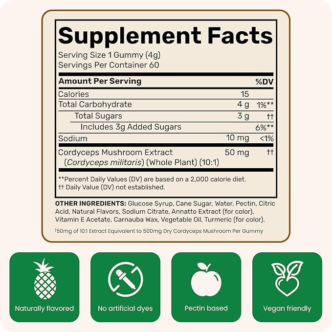 Fungies Cordyceps Mushroom Gummies, Mango & Pineapple Flavor - Mushroom Herbal Supplement Gummy for