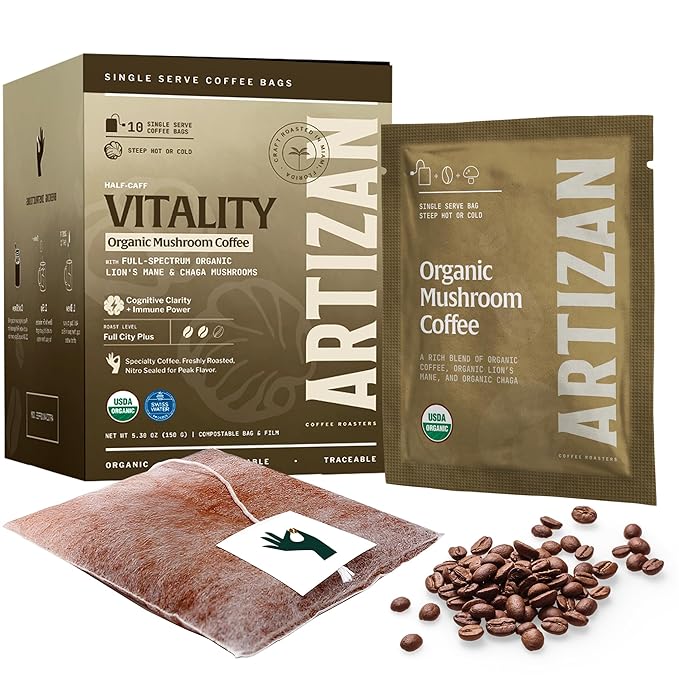 Artizan Organic Single-Serve Mushroom Coffee Bags – Lion’s Mane + Chaga | Half Caff | Full City