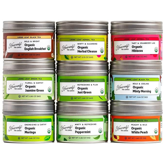 Heavenly Tea Leaves Organic 9 Flavor Variety Pack, Loose Leaf Tea Sampler Gift Set (Approx. 90