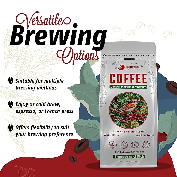 Birdee Vietnamese Coffee ??2.2 LB, Medium Roast Whole Bean, Arabica and Robusta Blend, Hand-Picked