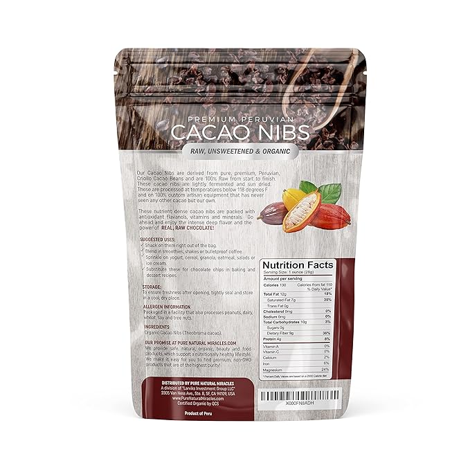 Cacao Nibs Organic - 100% Dark Chocolate Chips - Raw, Unsweetened Cocoa Pieces - 16 Oz - Keto and