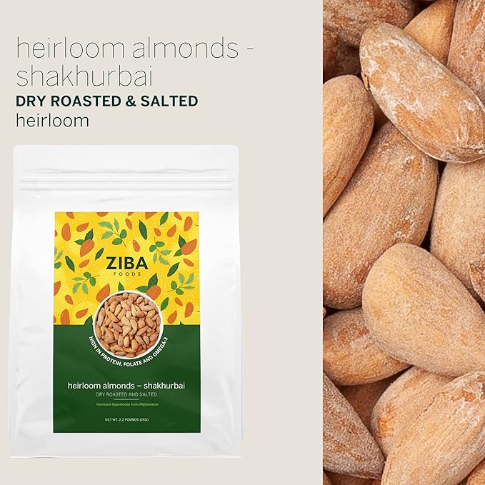 Ziba Foods Heirloom Shakhurbai Almonds | Salted & Dry Roasted Almonds | Non-GMO, Vegan, Gluten Free