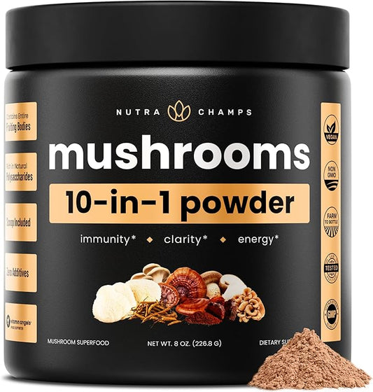 NutraChamps Organic Mushroom Powder - 10-in-1 Complex - Mushroom Supplement Powder Blend for