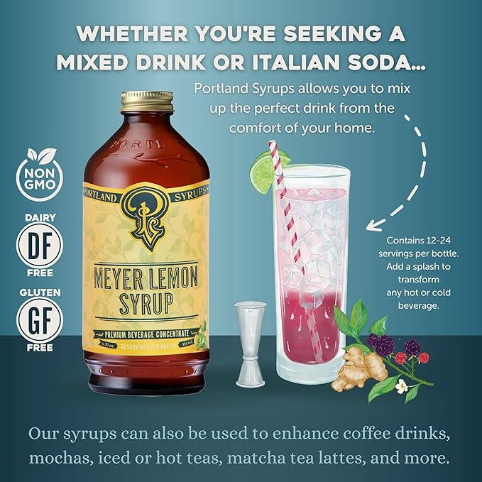 Portland Syrups Meyer Lemon Syrup - Premium Beverage Concentrate for Delicious Cocktails, Tea