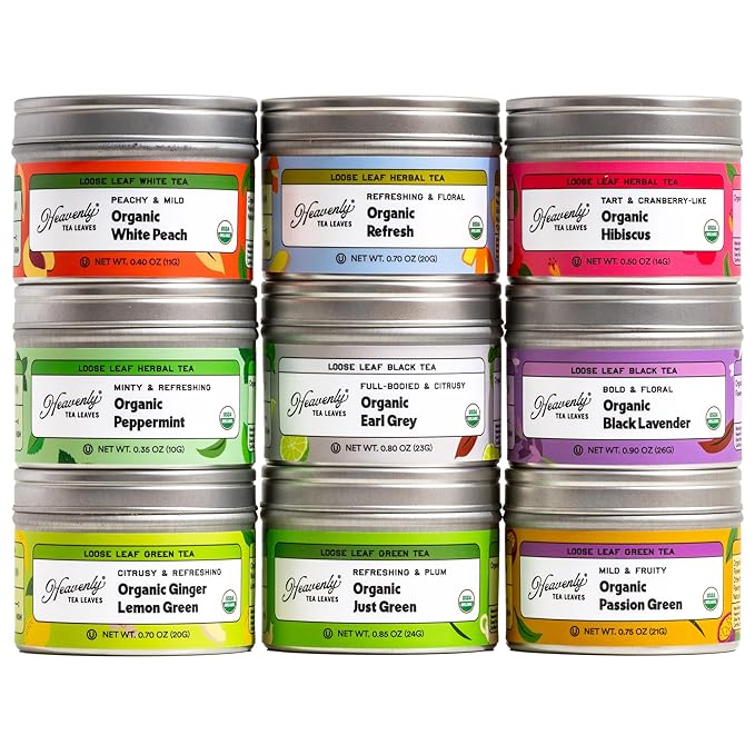 Heavenly Tea Leaves Organic Assorted 9 Loose Leaf Tea Gift Box (Approx. 90 Cups of Tea), Sampler
