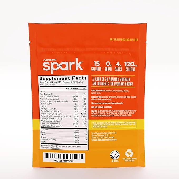 AdvoCare Spark Vitamin & Amino Acid Supplement - Focus & Energy Drink Powder Mix with Vitamin A