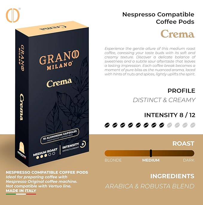 New Grano Milano Crema Coffee Capsules - 50 Aluminum Coffee Pods Compatible with Nespresso Original