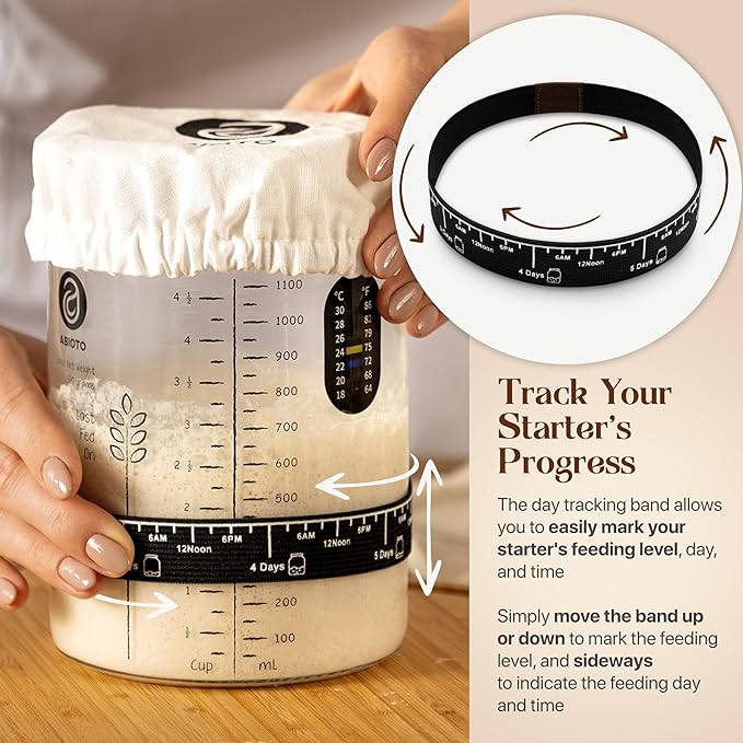 Sourdough Starter Kit with 40 oz Glass Jar ??Extra Thermometer Strips and Breathable Covers
