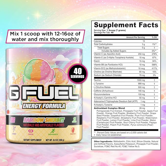 G Fuel Rainbow Sherbet Energy Drink Powder, Pre Workout Caffeine Mix for Gaming, Sugar Free Focus