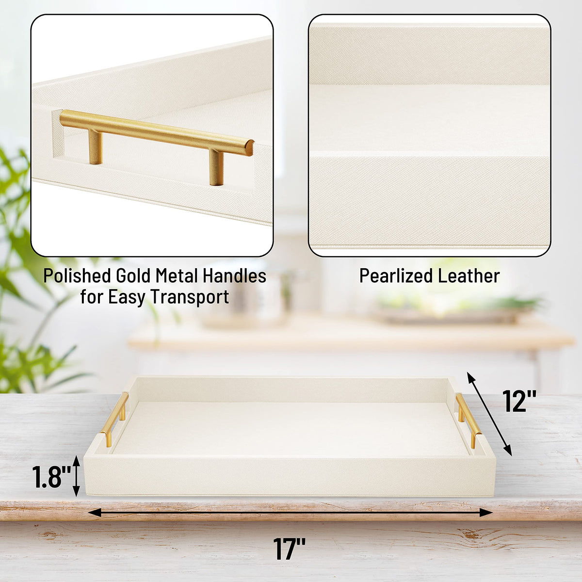 ATZYmolin 17"x12" Leather Serving Tray, Gold Handle Vanity Platter, White
