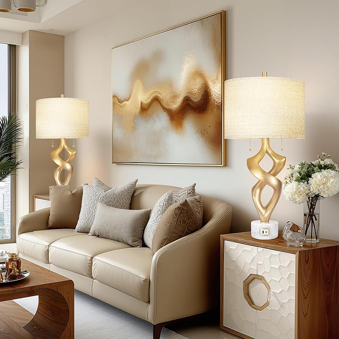 Scenekoy Sculptural Resin Table Lamp Set of 2 with USB Ports for Bedroom Living Room, 31” Big Gold