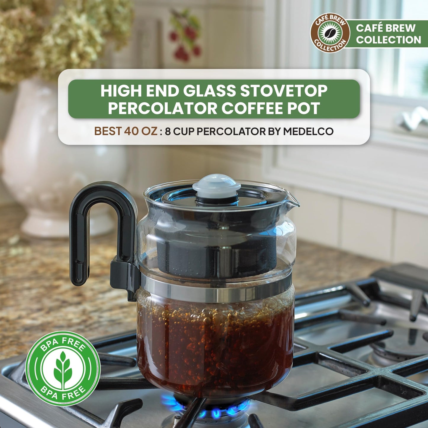 Café Brew Glass Coffee Percolator, Stovetop, 8 Cup, BPA-Free