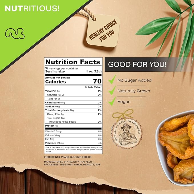 NUT CRAVINGS - Sun Dried California Pears, No Sugar Added, Unsweetened (32oz, 2 LB) Bulk Dry Fruits