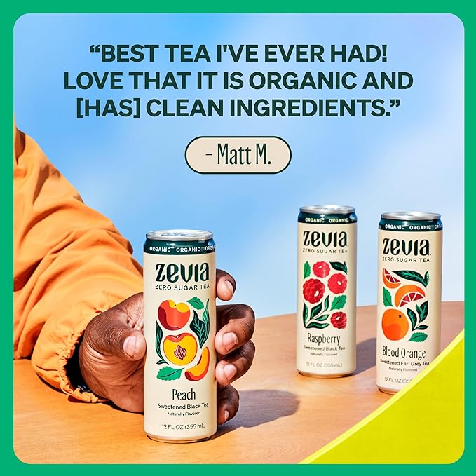 Zevia Zero Sugar Tea, Black Tea with Peach, 12 oz Cans (12-Pack) – Naturally Sweetened, Zero
