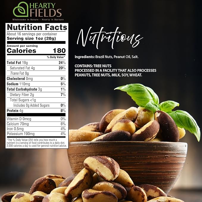 Hearty Fields - Brazil Nuts Roasted & Salted - No Shell, Whole (16 Oz - 1 LB) Wholesome In Nature